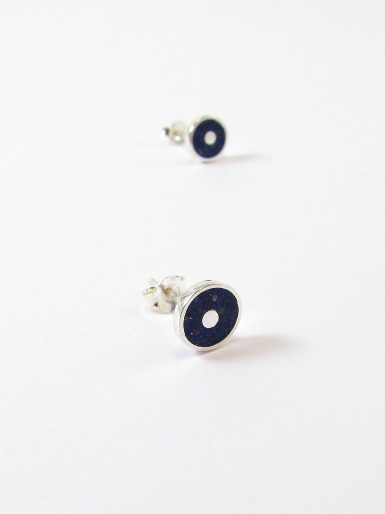 Minimal Ear Studs Sterling Silver 925 Blue Lapis Inlay image 2