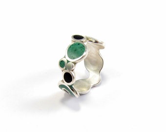 Bubbles Ring - Sterling Silver 925 - Black and Green - Inlay Stone Malachite and Black Tourmaline Ring - Natural Color Stone Ring