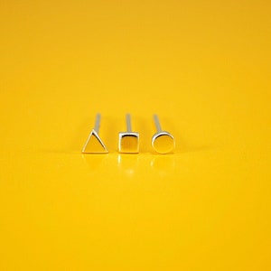 Three Sterling Silver Tiny Earrings - Ear Studs - Minimal Ear Studs - Geometric Set Square Circle Triangle Earrings - Mini Ear Studs