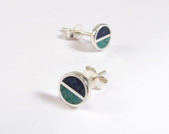 Sterling Silver Earrings - Blue and Turquoise Studs - Inlay Stone