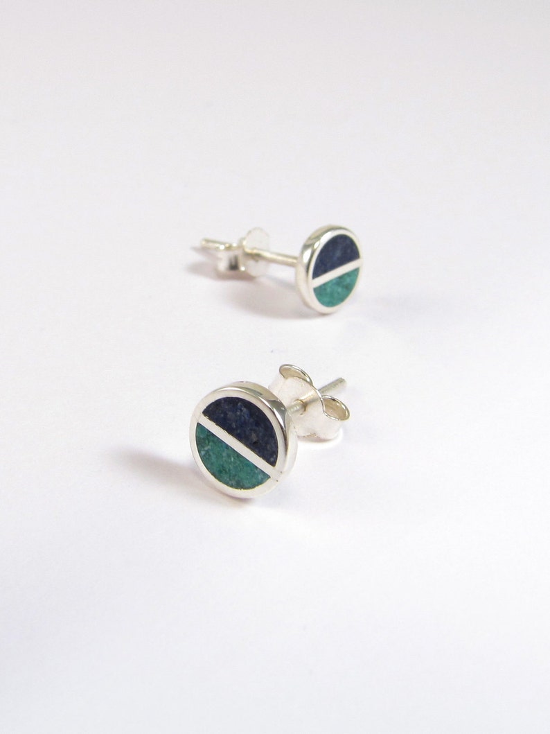 Sterling Silver Earrings Blue and Turquoise Studs Inlay Stone image 1