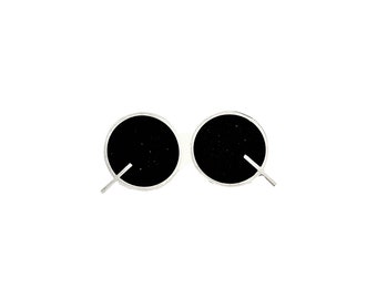 Sterling Silver Ear Studs - Q Earrings - Black - White