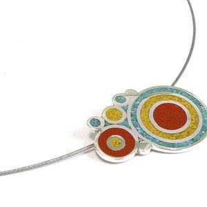 Sterling Silver  Pendant - Colorful Bubbles -  Circles Turquoise Maroon Red Yellow Mustard