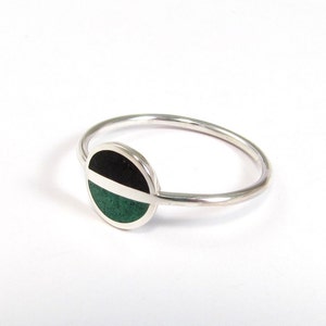 Sterling Silver Ring - Saturn - Space Black and Green Ring - Minimal Contemporary Geometic Design - Naturally Colored Inlay Stone