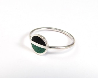 Sterling Silver Ring - Saturn - Space Black and Green Ring - Minimal Contemporary Geometic Design - Naturally Colored Inlay Stone