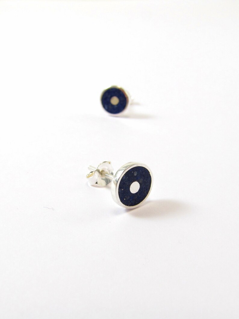 Minimal Ear Studs Sterling Silver 925 Blue Lapis Inlay image 4