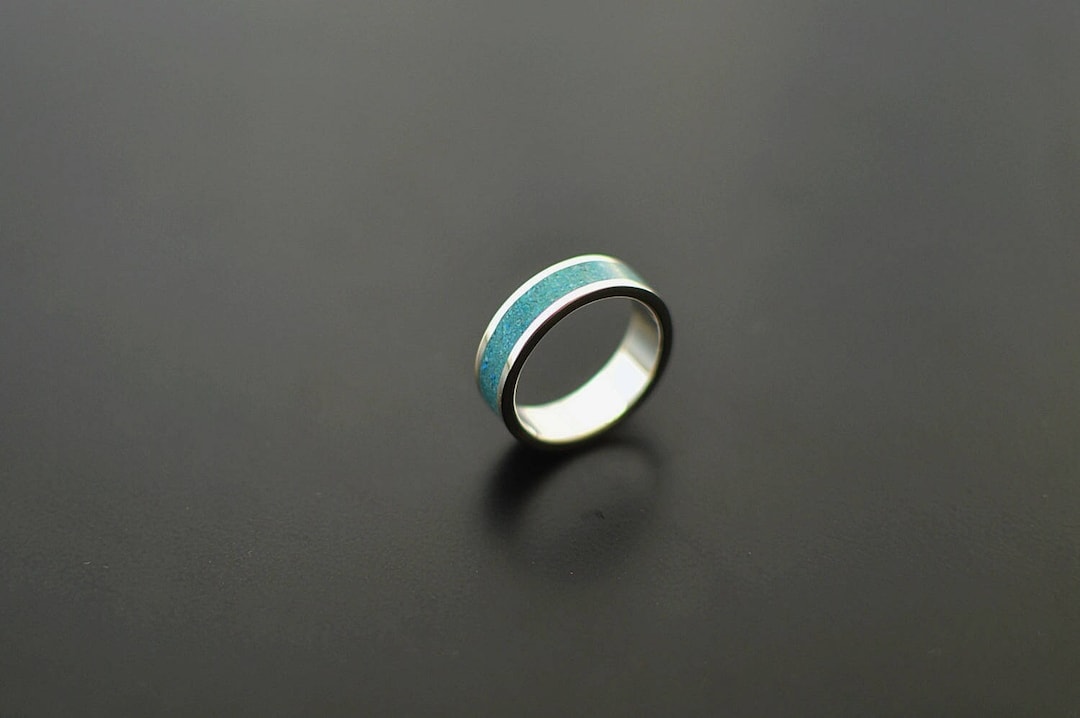 Sliver Inlay Turquoise Inlay Sterling Silver Wedding Band Ring Crushed Stone Inlay ...