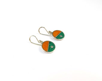 Circles Earrings -  Green and Orange - Sterling Silver 925