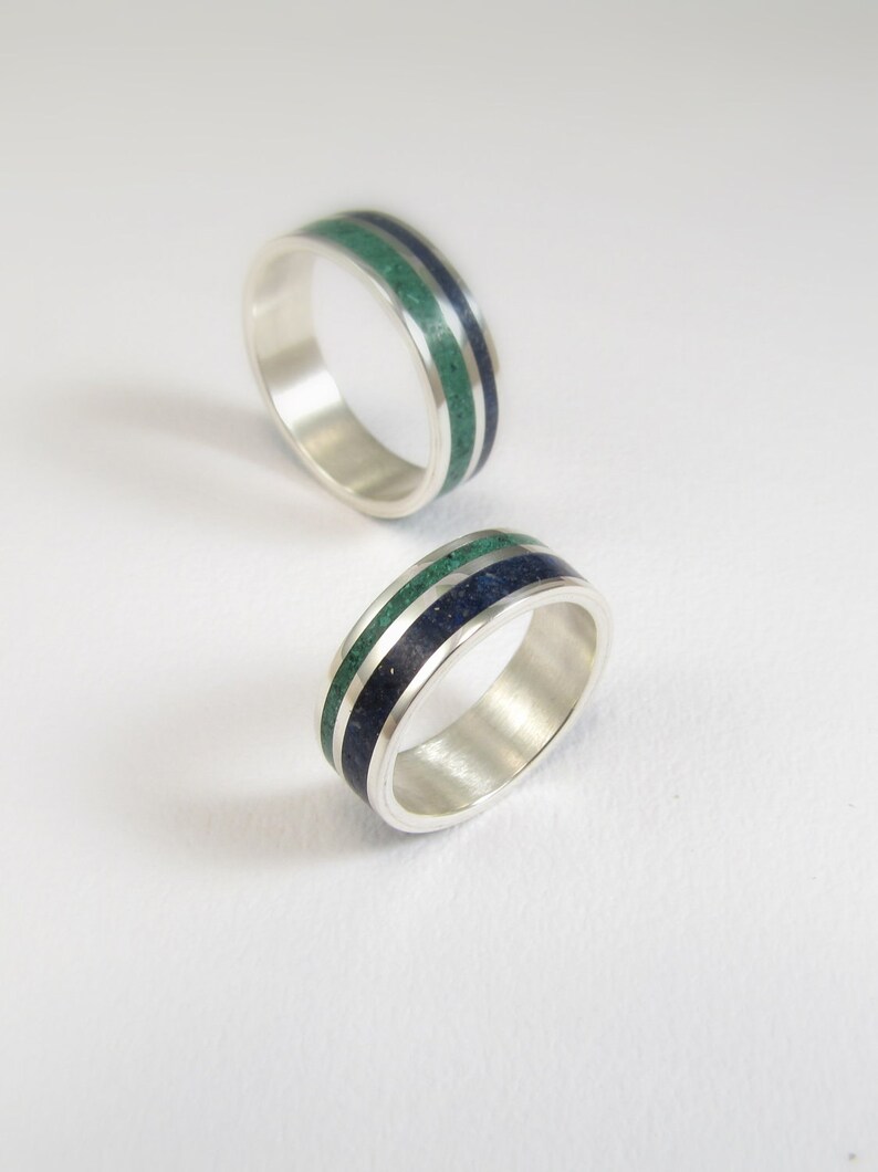Lines Modern Minimal Unisex Contemporary Color Wedding Band Sterling Silver Ring Green Blue