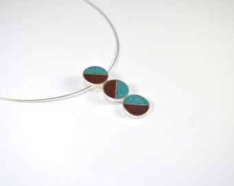 Sterling Silver Pendant - Divided Circles - Geometric - Modern Contemporary - Turquoise Chocolate - Color Playful Necklace