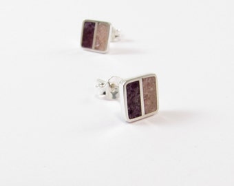 Sterling Silver Earrings -  Purple and Pink Squares Ear Studs