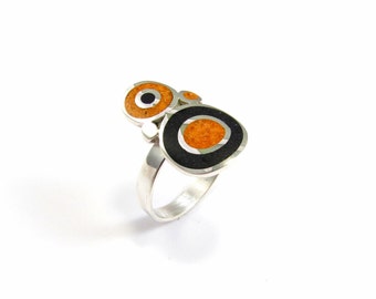 Sterling Silver Ring - Black and Orange Bubbles - Contemporary Ring for Gift - Color Stone Inlay