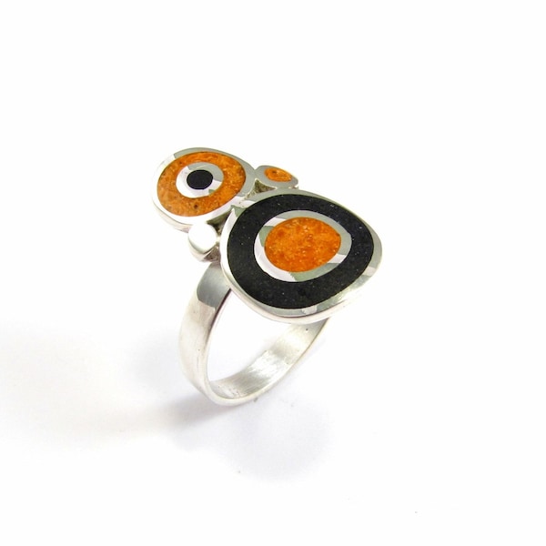 Sterling Silver Ring - Black and Orange Bubbles - Contemporary Ring for Gift - Color Stone Inlay