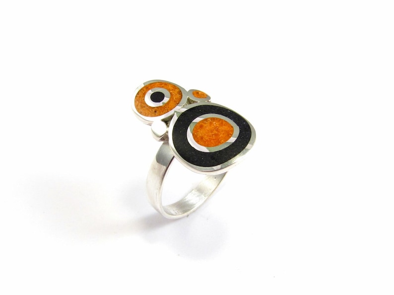 Sterling Silver Ring Black and Orange Bubbles Contemporary Ring for Gift Color Stone Inlay image 1