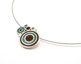 Sterling Silver Pendant - Bubbles Chocolate and Turquoise Color - Handmade Gift for Her