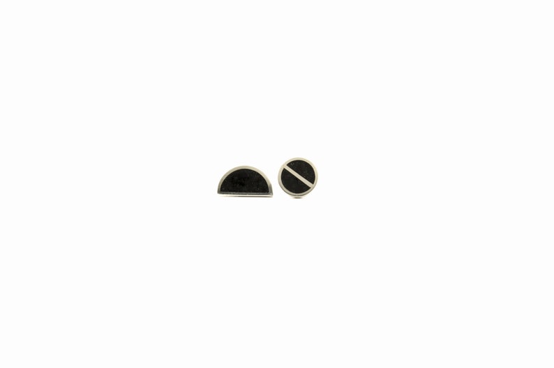 Black sterling silver ear studs Asimetric earrings Minimal design image 1