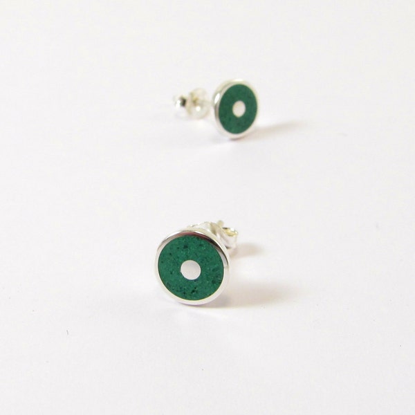 Sterling Silver Earrings - Green Ear Studs - Malachite Stone Inlay