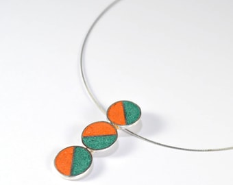 Sterling Silver Pendant - Divided Circles - Green and Orange - Geometric Minimal Design - Naturally Colored Jewelry