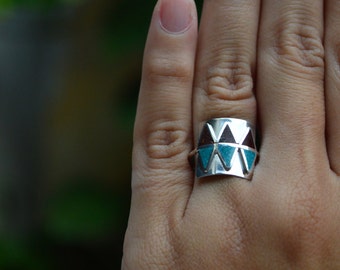 Tribal Ring- Sterling Silver 925 - Turquoise and Chocolate Color Inlay Stone Naturally Colored Jewelry - Geometric Triangle Design