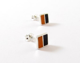 Squares Studs - Sterling Silver Earrings - Black and Orange