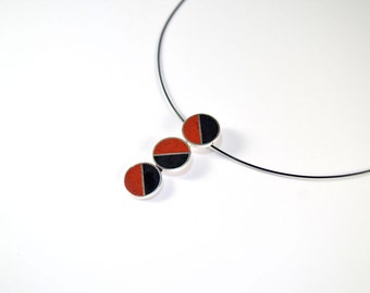 Sterling Silver Pendant - Divided Circles -  Black and Red - Modern Design - Handmade Gift for Her