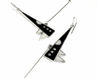 Sterling Silver Earrings - Black and White Pendulum - Large Statement Earrings - Inlay Stone Naturally Colored