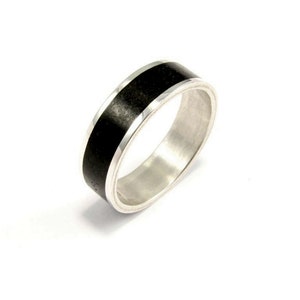 Black Tourmaline Sterling Silver Wedding Band - Stone Inlay Man Ring