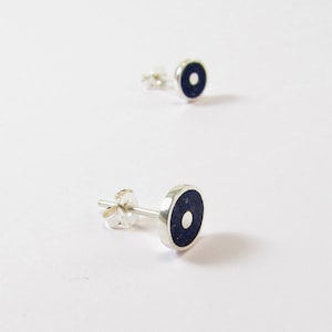 Minimal Ear Studs Sterling Silver 925 Blue Lapis Inlay image 1