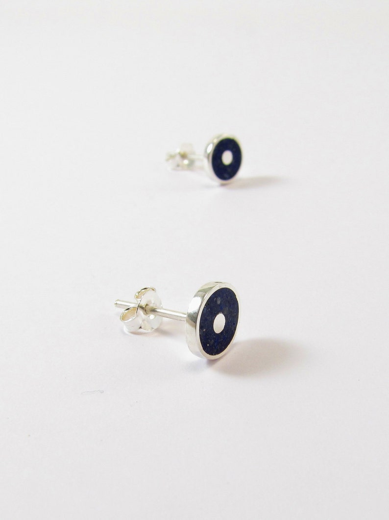 Minimal Ear Studs Sterling Silver 925 Blue Lapis Inlay image 1