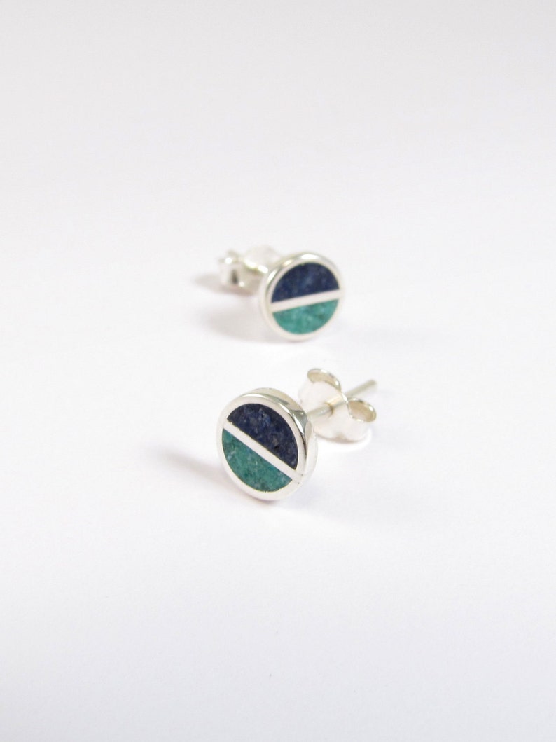 Sterling Silver Earrings Blue and Turquoise Studs Inlay Stone image 3