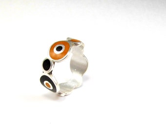 Bubbles Ring - 925 Sterling Silver - Black and Orange Jewelry - Color Inlayed Stone - Gift for Her