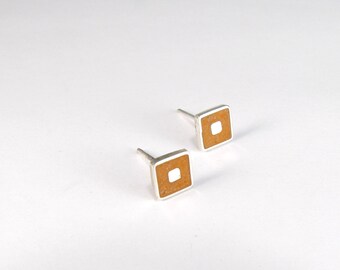 Sterling Silver Earrings - 925 Silver Squares - Orange Color