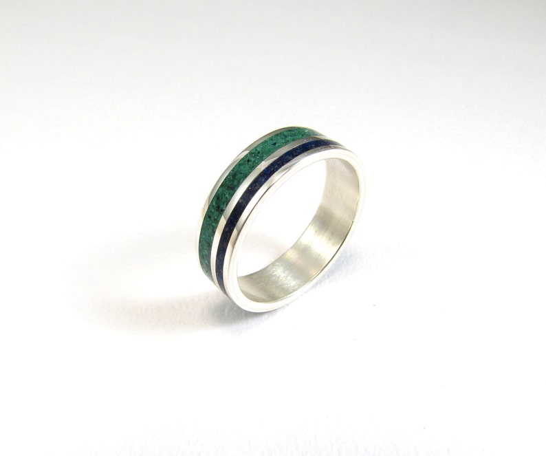 Lines Modern Minimal Unisex Contemporary Color Wedding Band Sterling Silver Ring Green Blue