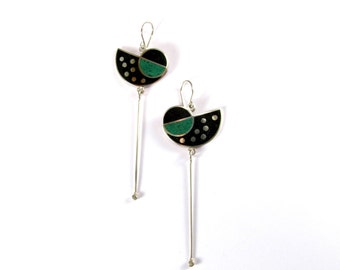 Sterling Silver Earrings - Equilibrium - Geometric Design - Black and Green