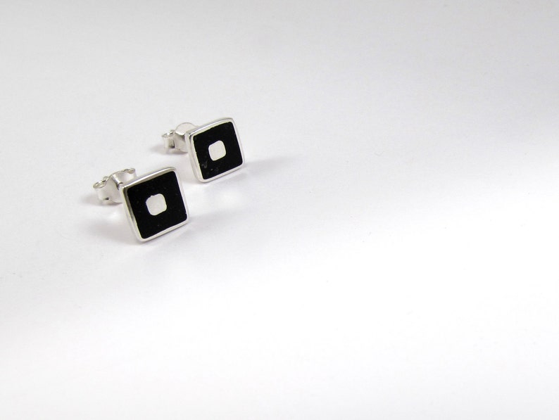 Sterling Silver Earrings Black Squares Studs Inlay Stone image 2