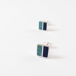 Blue Inlay Sterling Silver Stud Earrings: Modern Geometric Design