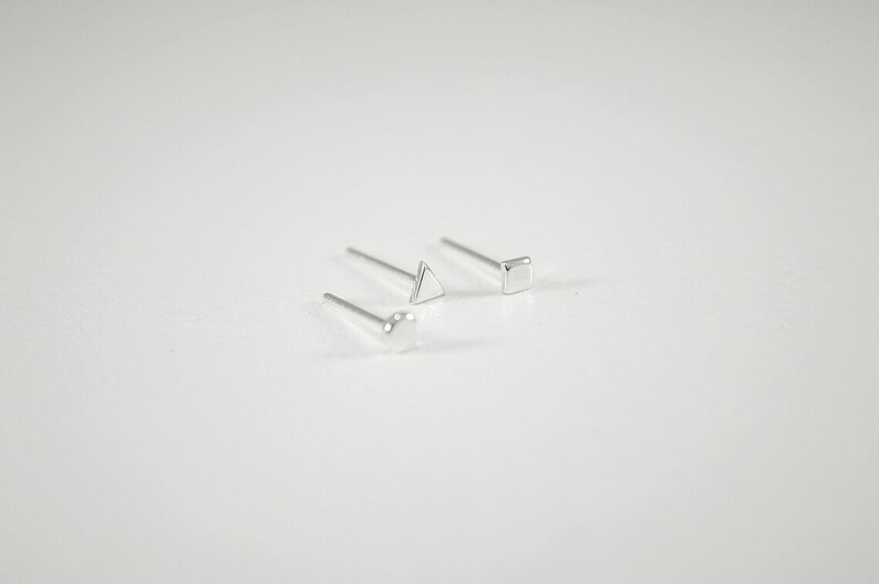 Three Sterling Silver Tiny Earrings - Ear Studs - Minimal Ear Studs - Geometric Set Square Circle Triangle Earrings - Mini Ear Studs