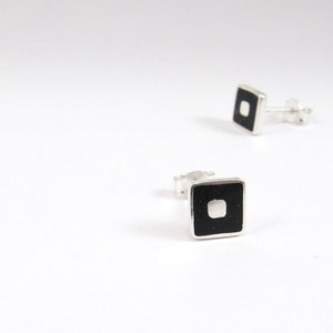 Sterling Silver Earrings -  Black Squares Studs - Inlay Stone
