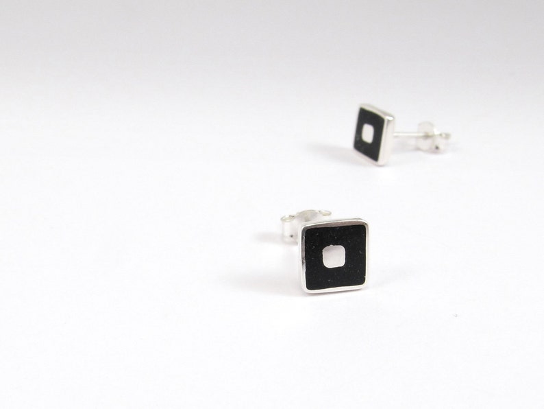 Sterling Silver Earrings Black Squares Studs Inlay Stone image 1