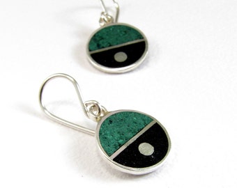 Grün und Schwarz Ohrringe - Sterling Silber 925 - Geometrisches Design - Natürlich gefärbt mit Stein eingelegt