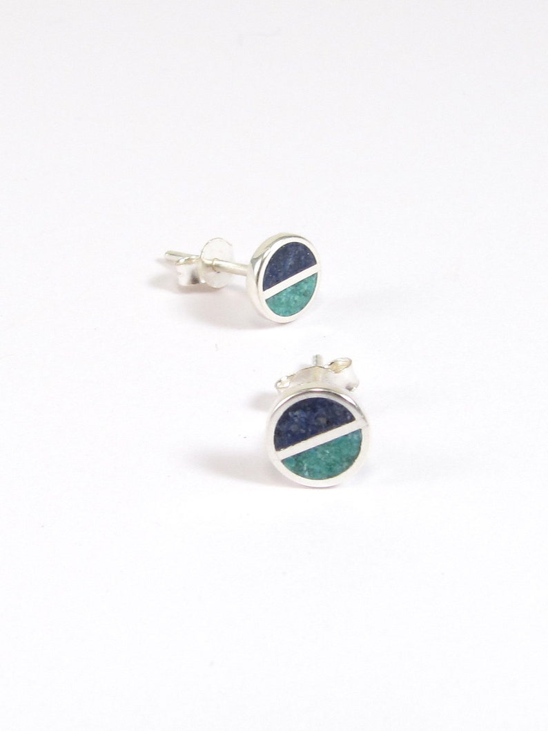 Sterling Silver Earrings Blue and Turquoise Studs Inlay Stone image 2