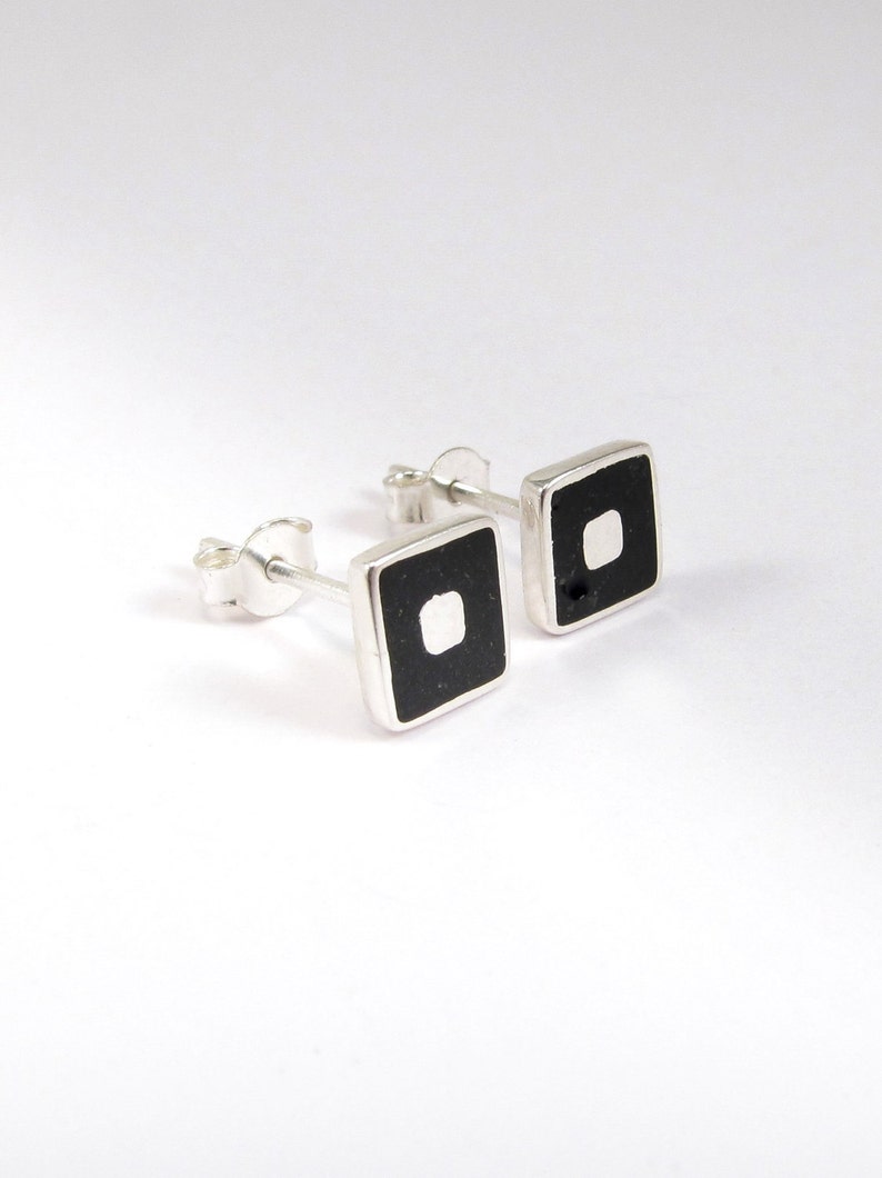 Sterling Silver Earrings Black Squares Studs Inlay Stone image 3