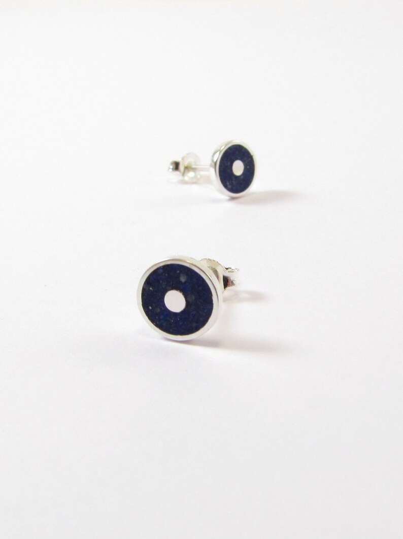 Minimal Ear Studs Sterling Silver 925 Blue Lapis Inlay image 3