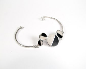 Geometric Bracelet - Sterling Silver - Black and White Inlay Stones