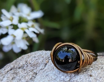 Black Agate Cocktail Ring in Antique Brass - Gothic Jewelry Custom Size Boho Rings for Women