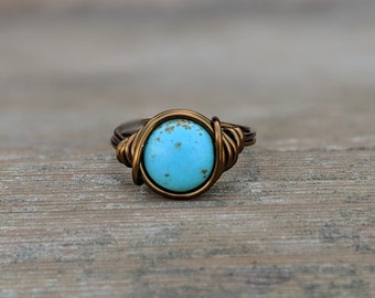 Urban Boho Turquoise Ring - Wire Wrapped Jewelry - Custom Size Bohemian Rings for Women