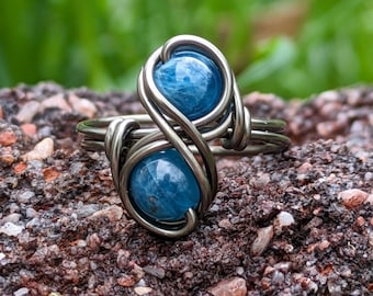 Blue Apatite Infinity Ring in Gunmetal for Gemini Crystal Zodiac Jewelry