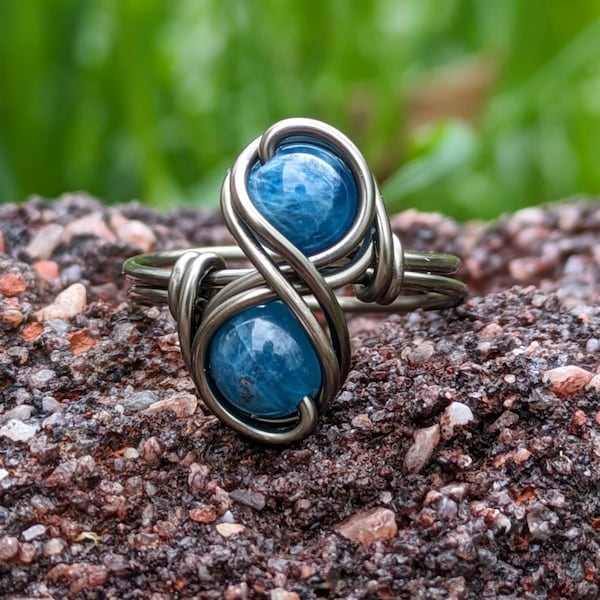 Blue Apatite Infinity Ring in Gunmetal for Gemini Crystal Zodiac Jewelry