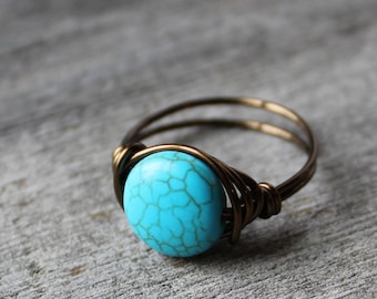 Turquoise Jewelry - Boho Ring - Wire Wrapped Jewellery - Bohemian Rings - Dyed Magnesite Blue Stone