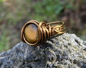 Tigers Eye Ring in Antique Brass Think Band with Swirl Real Gemstone Jewelry for Woman Custom Size Earthy Rings Unique Cats Eyes Earth Tone